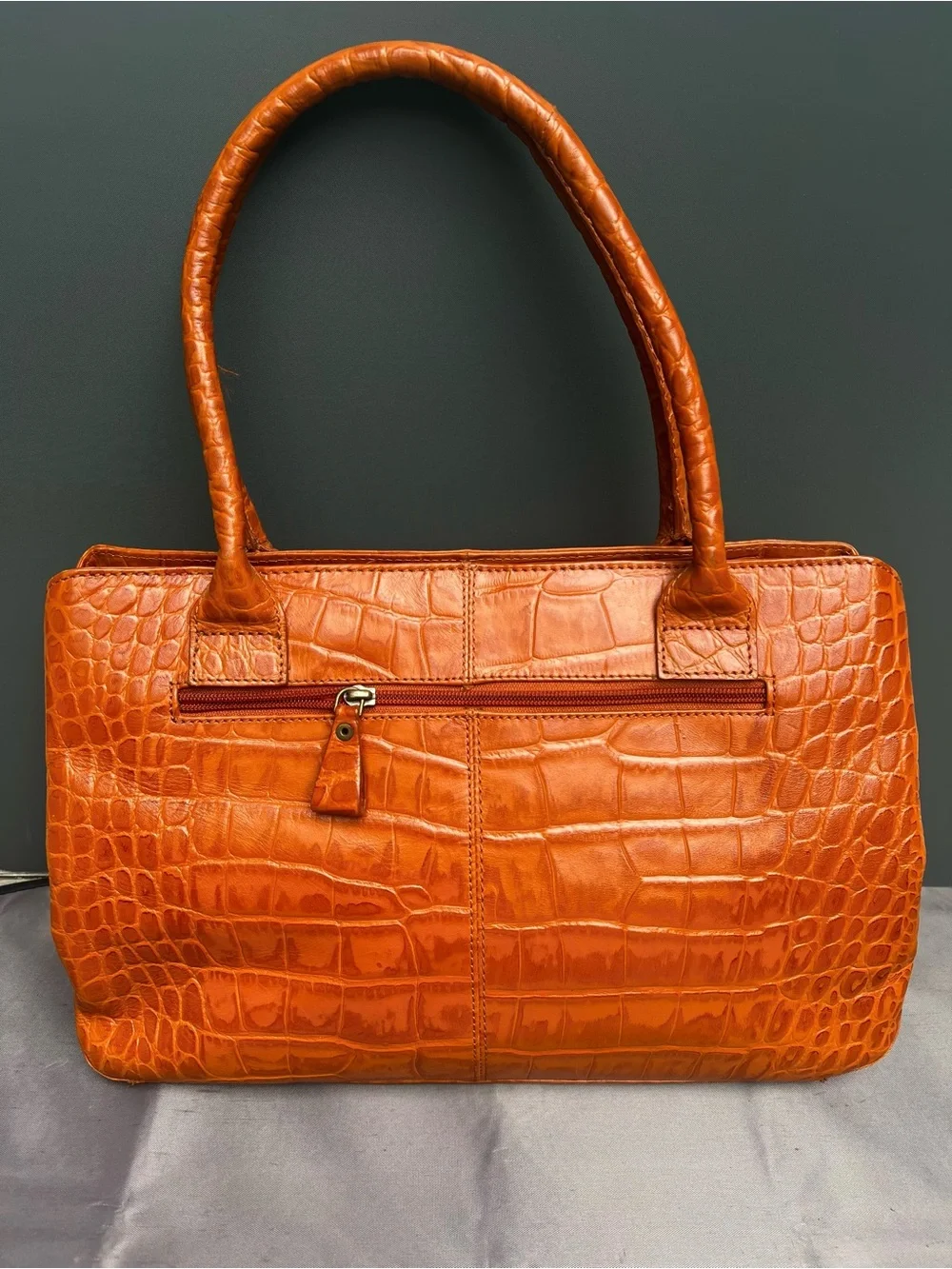 Vintage Michel Rome Croc-embossed Cognac Leather Satchel Handbag.